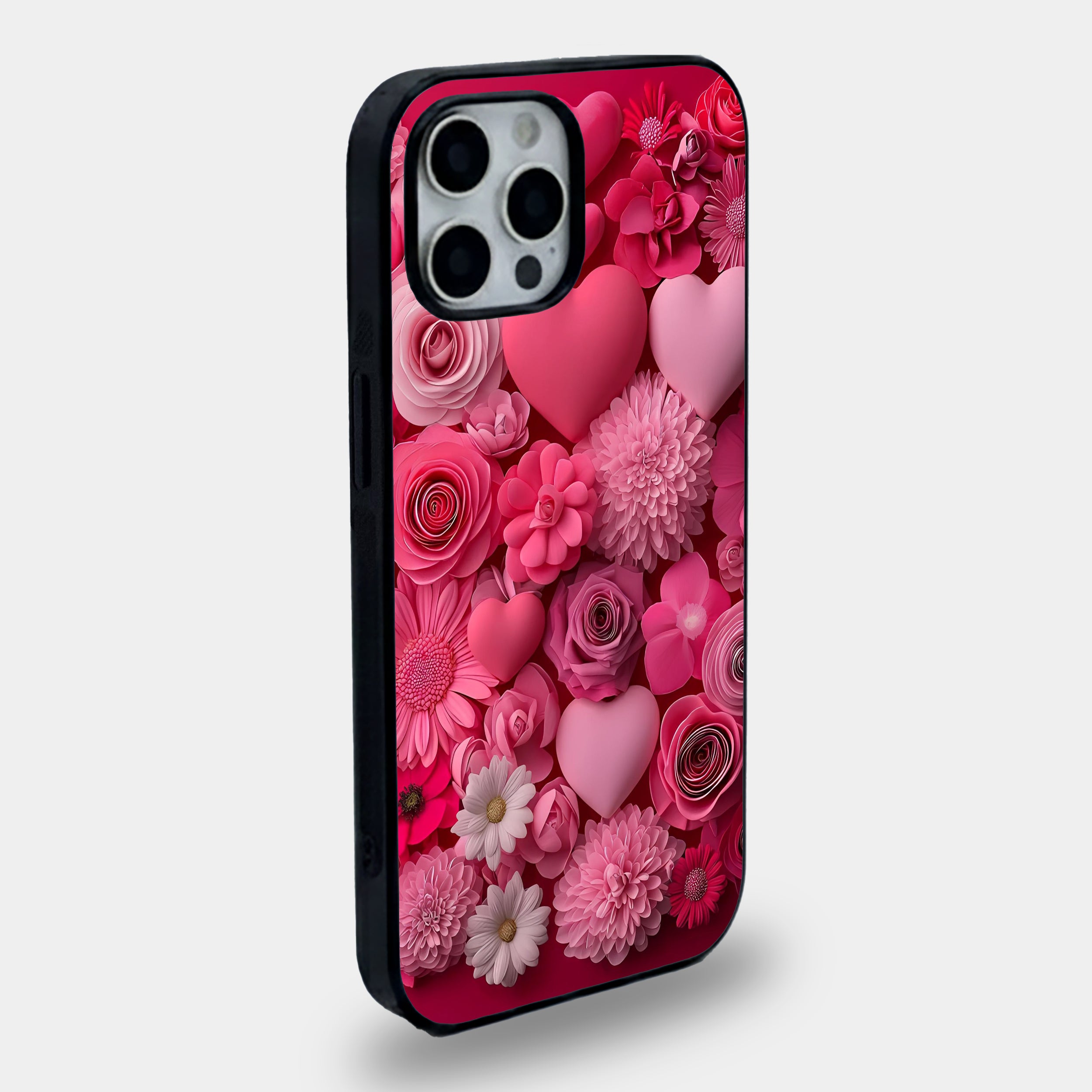 Pink Floral & Heart Print | Premium Glass iPhone & Samsung Mobile Cover Case