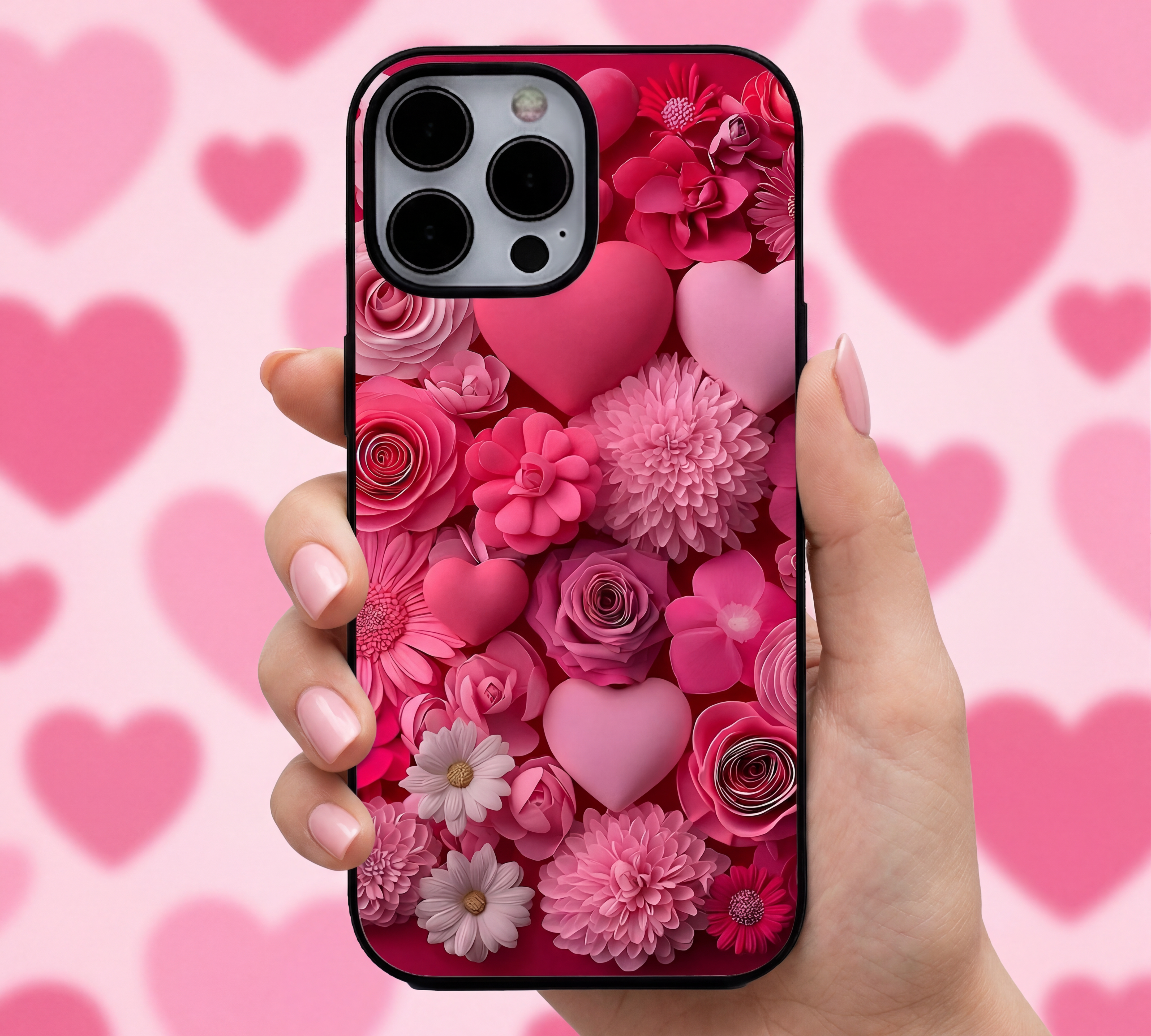 Pink Floral & Heart Print | Premium Glass iPhone & Samsung Mobile Cover Case