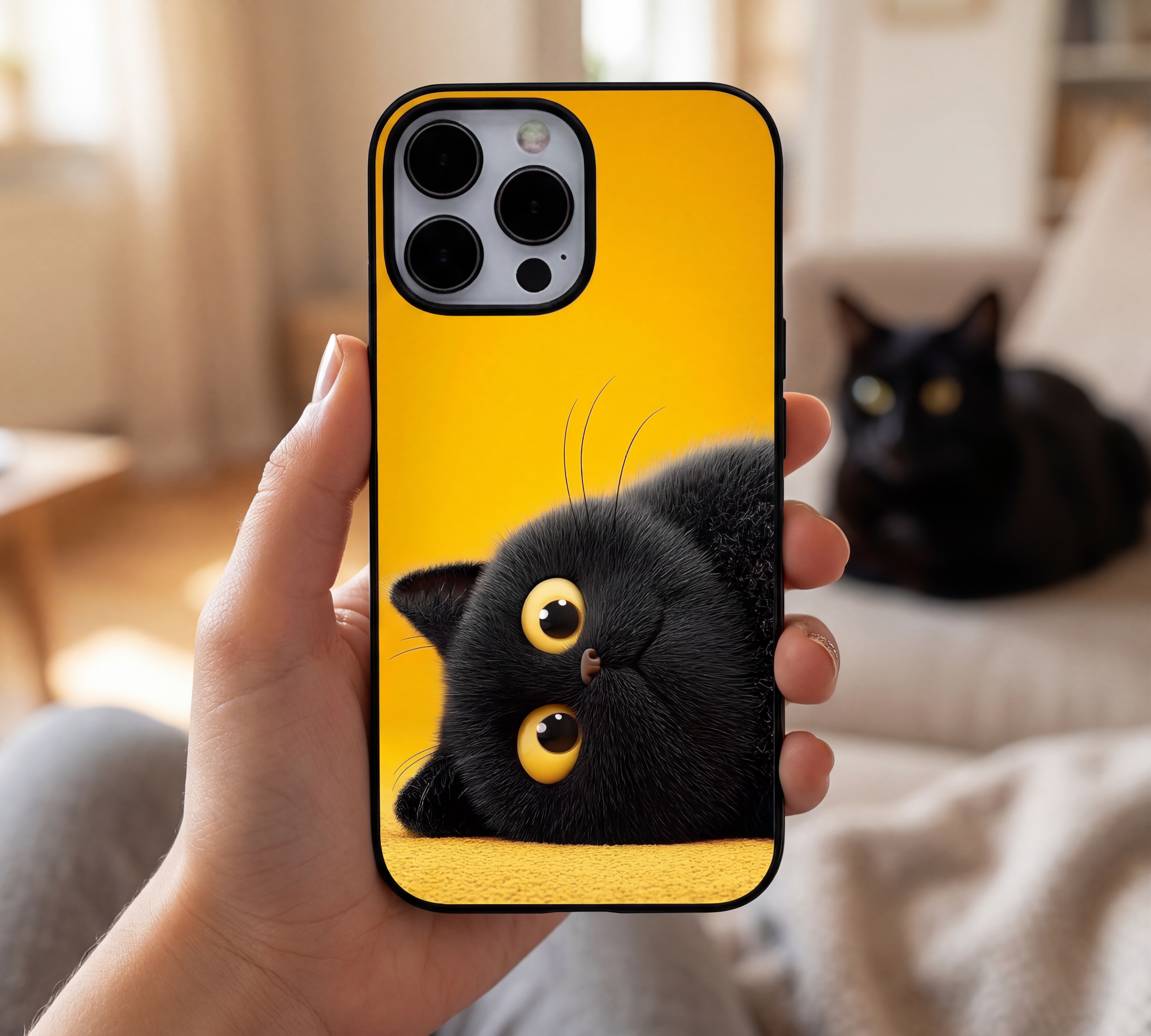 Upside Down Peeking Black Cat | Premium Glass iPhone & Samsung Mobile Cover Case