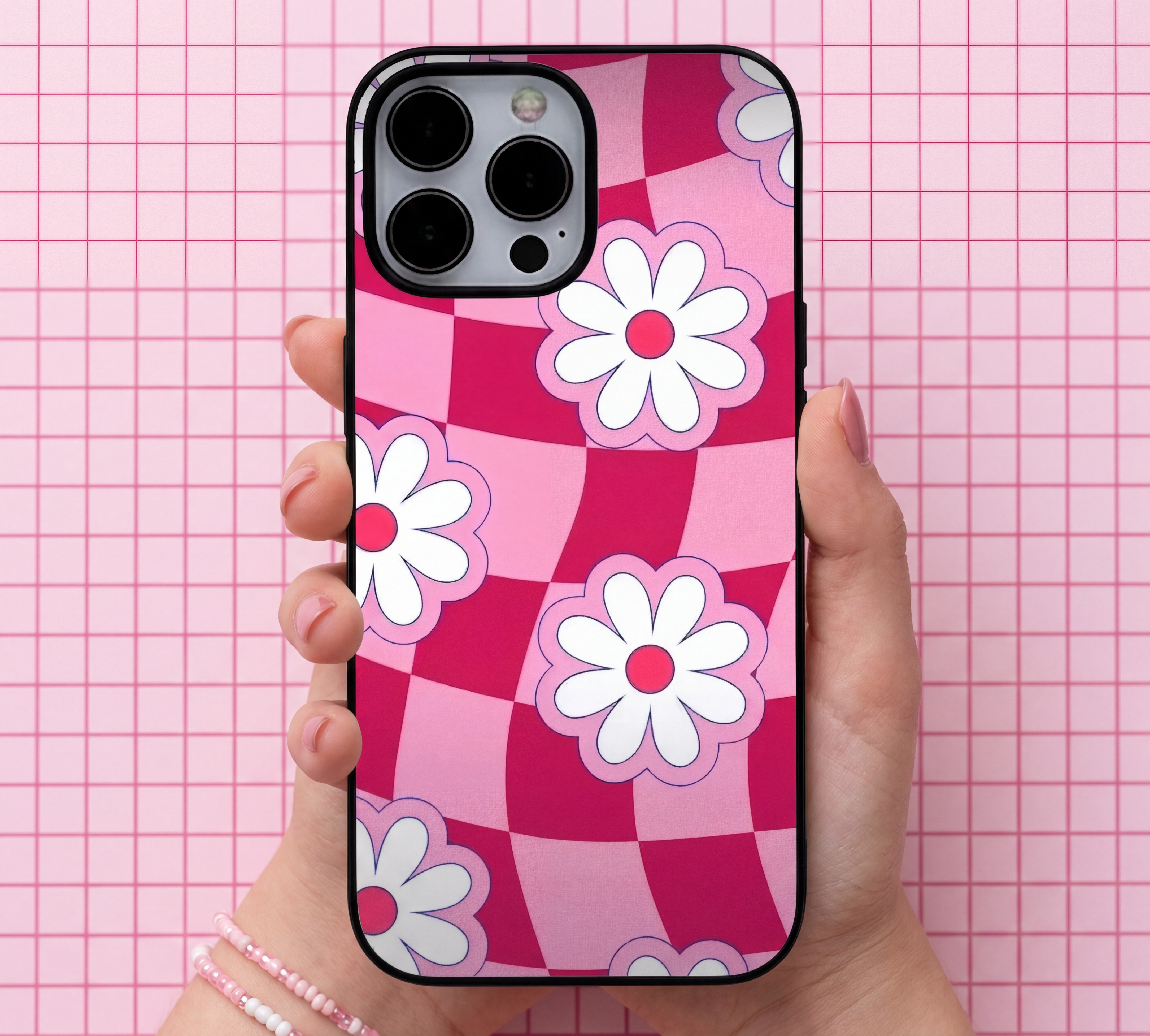 Retro Checkerboard Daisy | Premium Glass iPhone & Samsung Mobile Cover Case