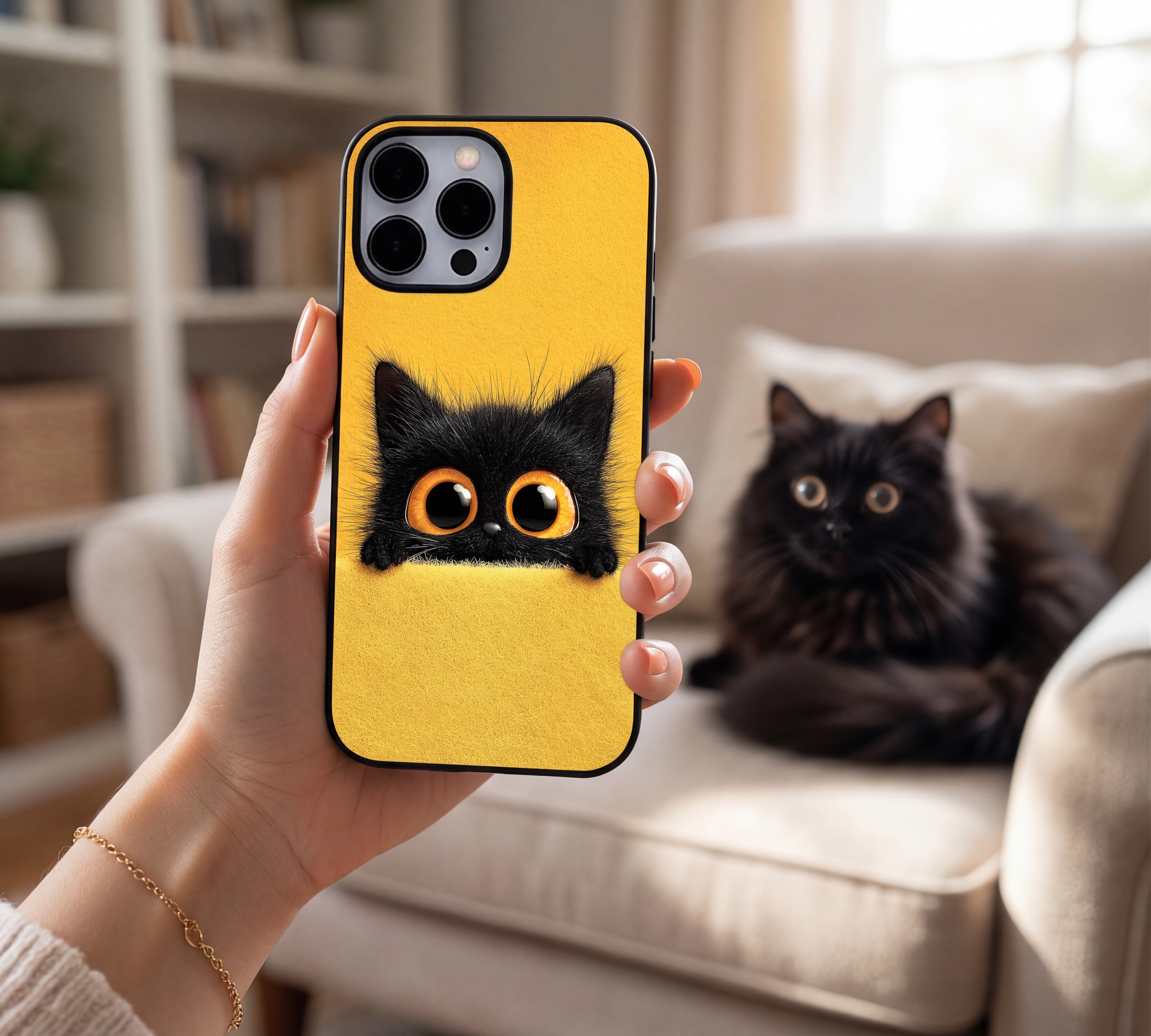 Peeking Fuzzy Black Cat | Premium Glass iPhone & Samsung Mobile Cover Case