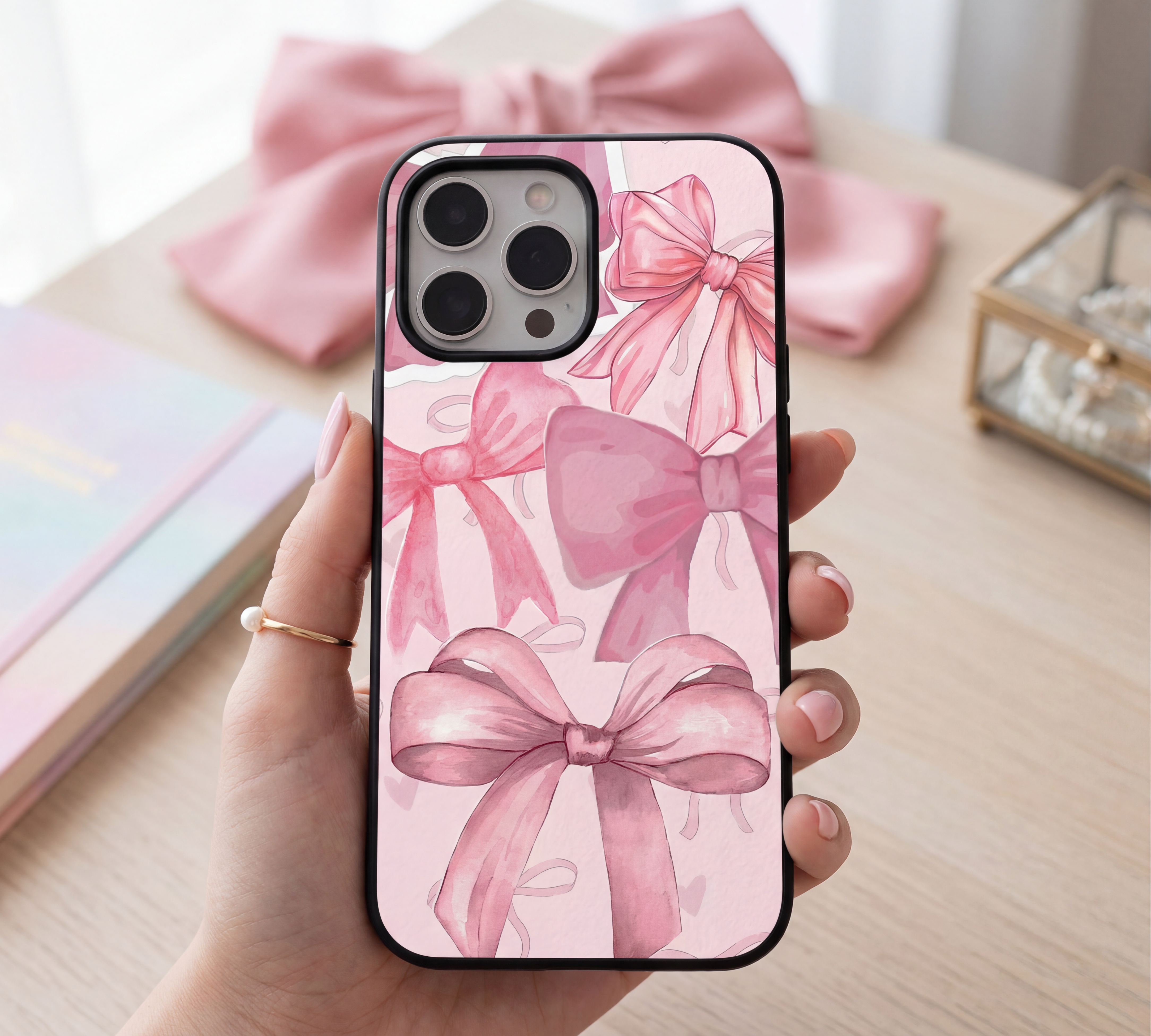 Pink Watercolor Bow | Premium Glass iPhone & Samsung Mobile Cover Case