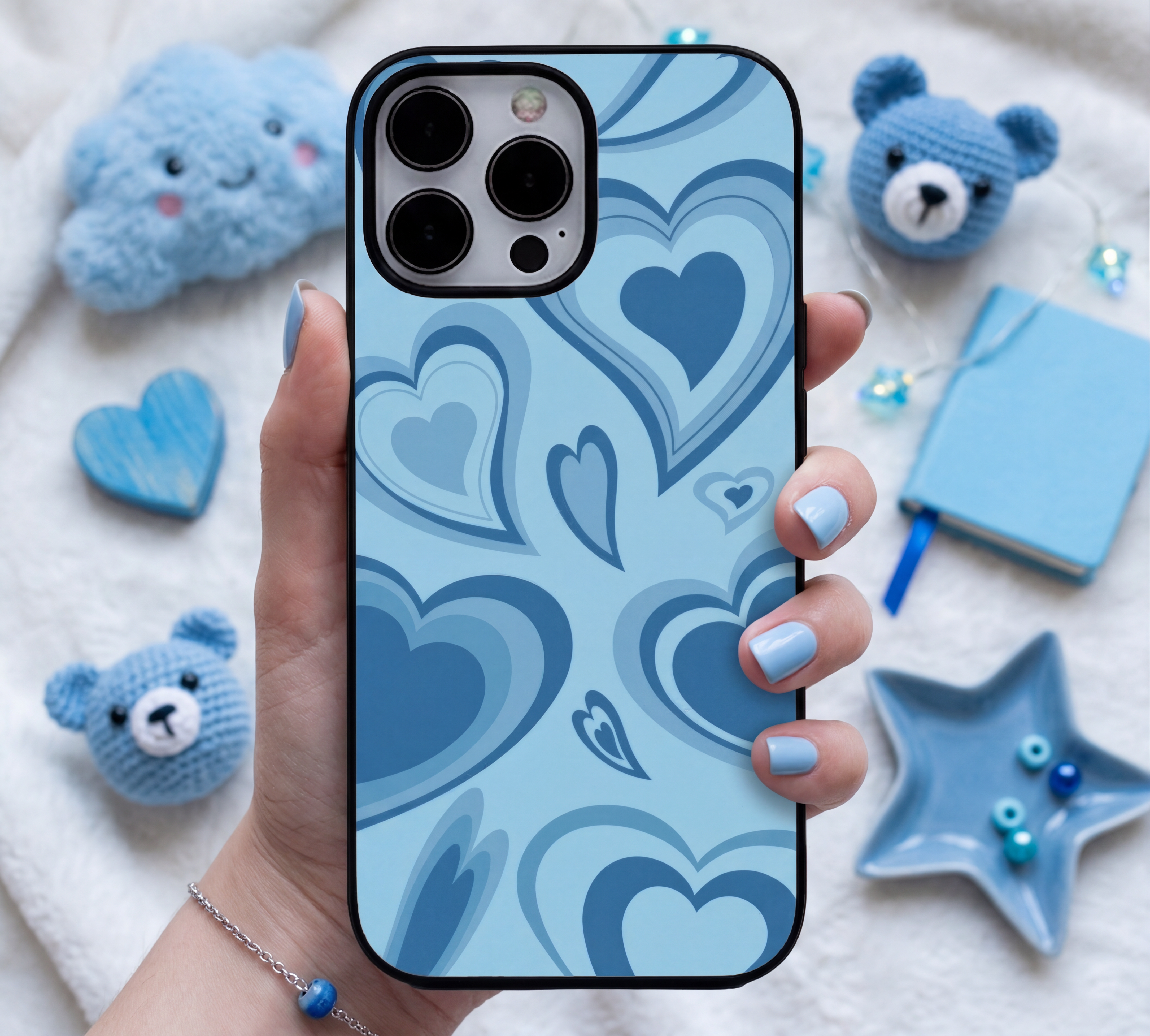 Retro Blue Layered Heart | Premium Glass iPhone & Samsung Mobile Cover Case