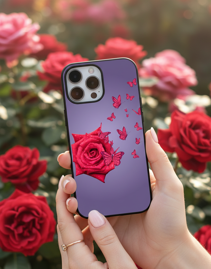 nchanted Rose & Butterfly Flight | Premium Glass iPhone Mobile Cover Case