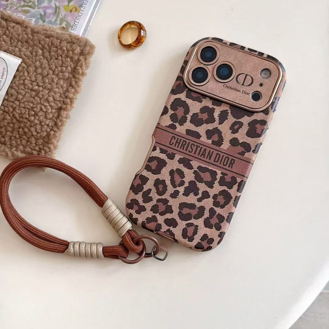Luxury CD Designer-Inspired Premium Leather Texture |  Braided Wrist Strap | iPhone Mobile Cover Case