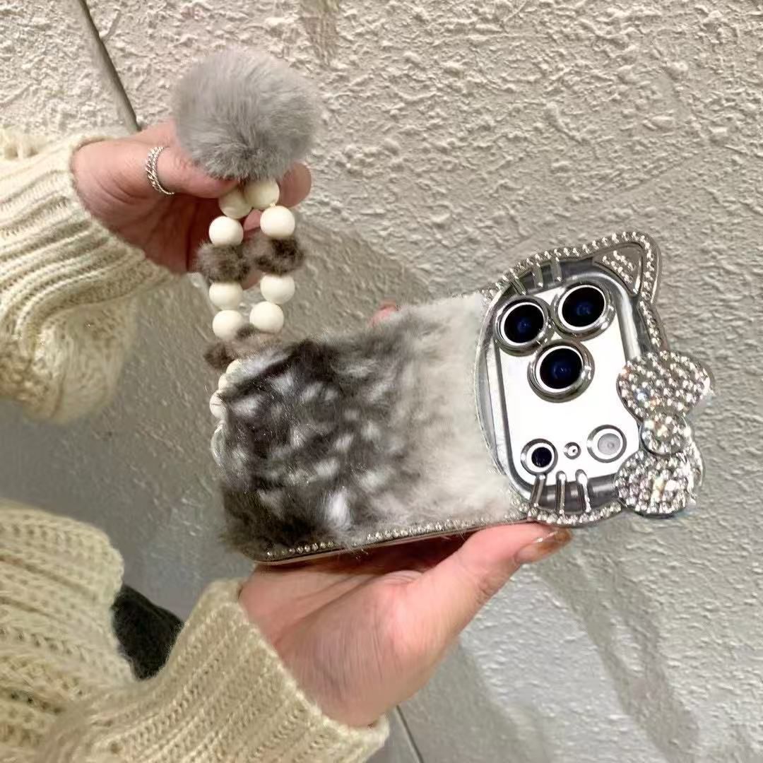 Luxury Black Cat Fur with Crystal Camera Frame & Pom-Pom Wristlet | Premium iPhone Mobile Cover Case