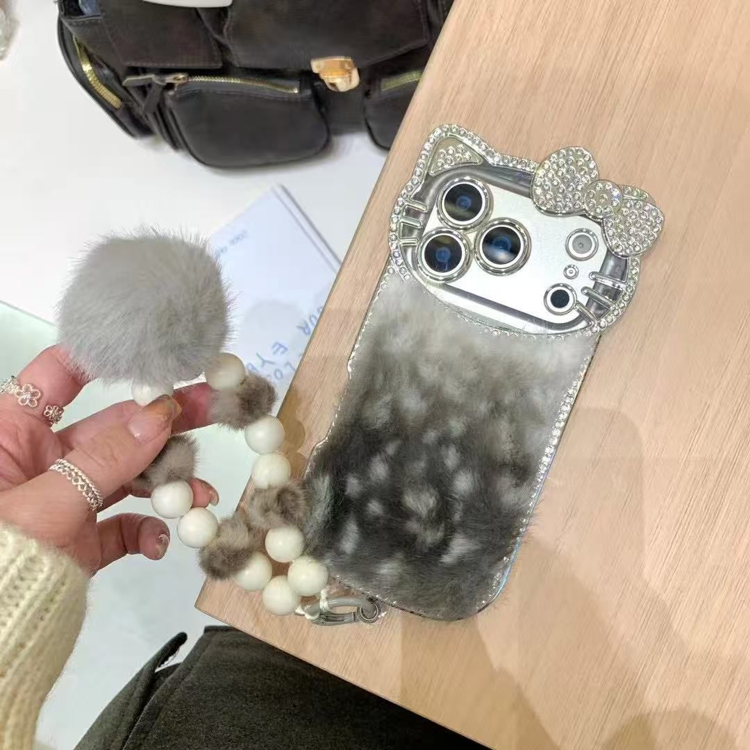 Luxury Black Cat Fur with Crystal Camera Frame & Pom-Pom Wristlet | Premium iPhone Mobile Cover Case