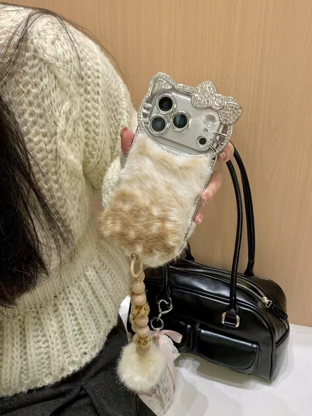 Luxury Fawn Cat Fur with Crystal Camera Frame & Pom-Pom Wristlet | Premium iPhone Mobile Cover Case
