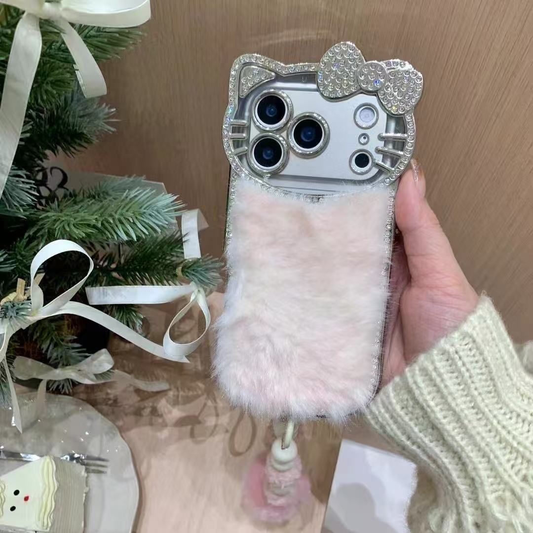 Luxury Pink Cat Fur with Crystal Camera Frame & Pom-Pom Wristlet | Premium iPhone Mobile Cover Case