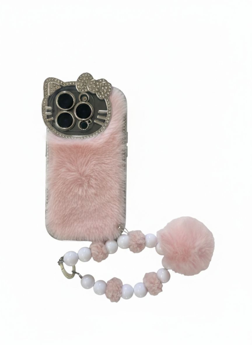 Luxury Pink Cat Fur with Crystal Camera Frame & Pom-Pom Wristlet | Premium iPhone Mobile Cover Case