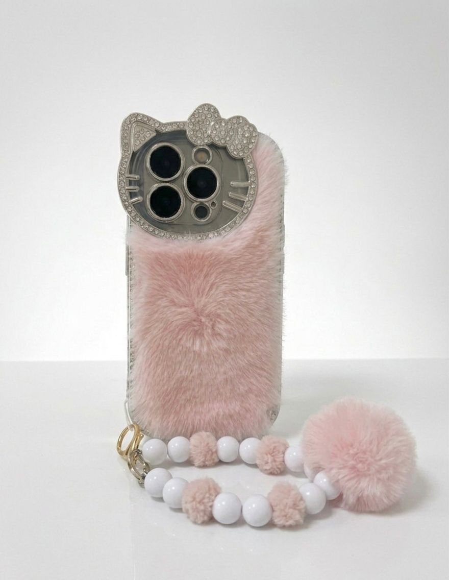 Luxury Pink Cat Fur with Crystal Camera Frame & Pom-Pom Wristlet | Premium iPhone Mobile Cover Case