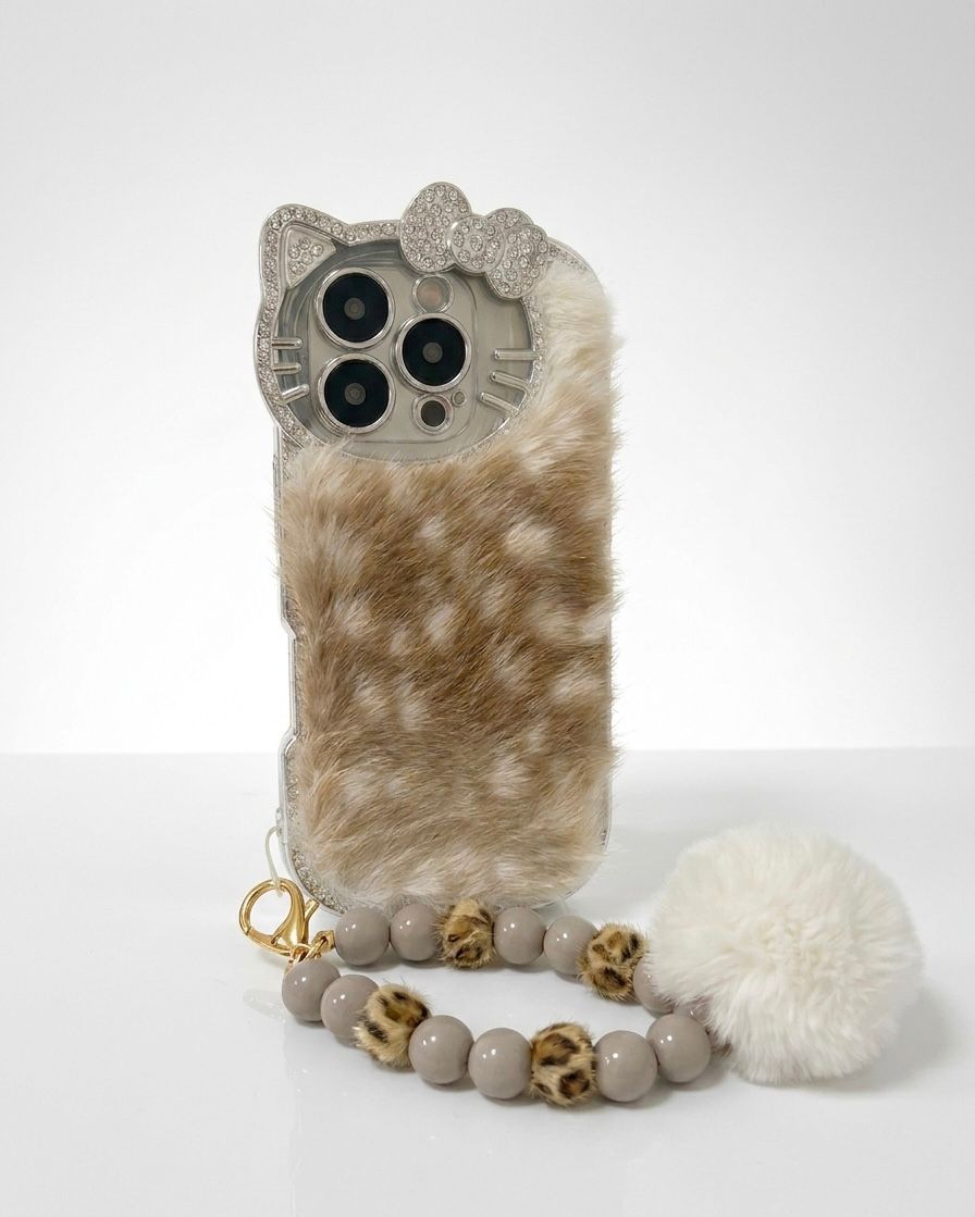 Luxury Fawn Cat Fur with Crystal Camera Frame & Pom-Pom Wristlet | Premium iPhone Mobile Cover Case