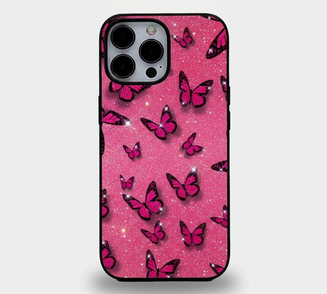 Pink Glitter Butterfly | Premium Glass iPhone & Samsung Mobile Cover Case