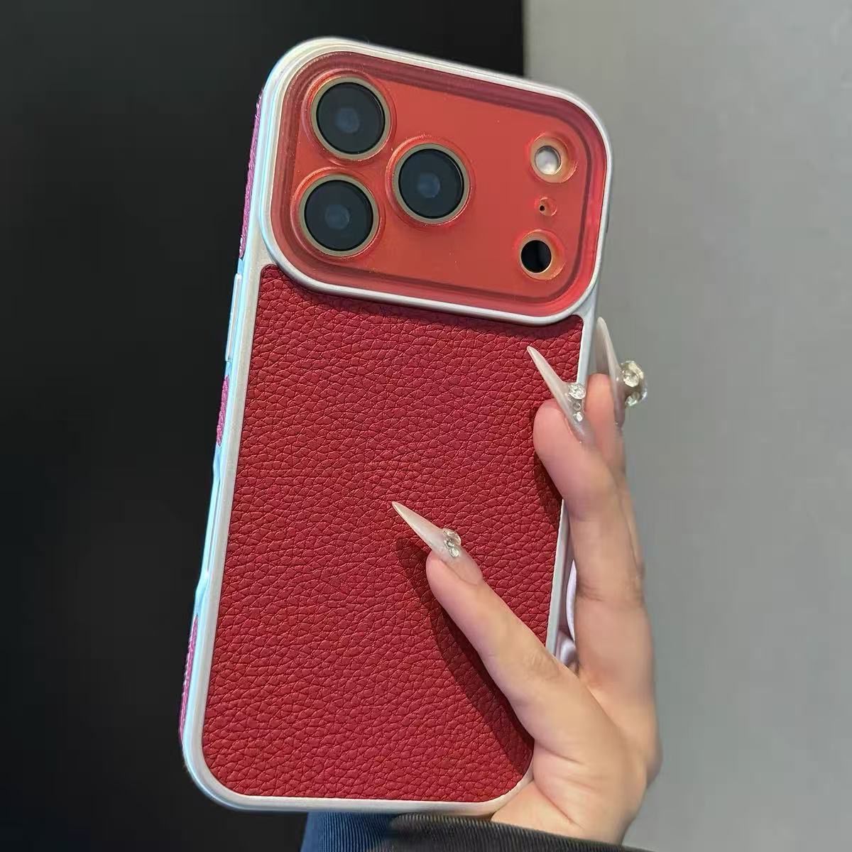 Pebbled Red Lychee | Premium Leather Finish with Removable Camera Lense  | iPhone Mobile Cover Case