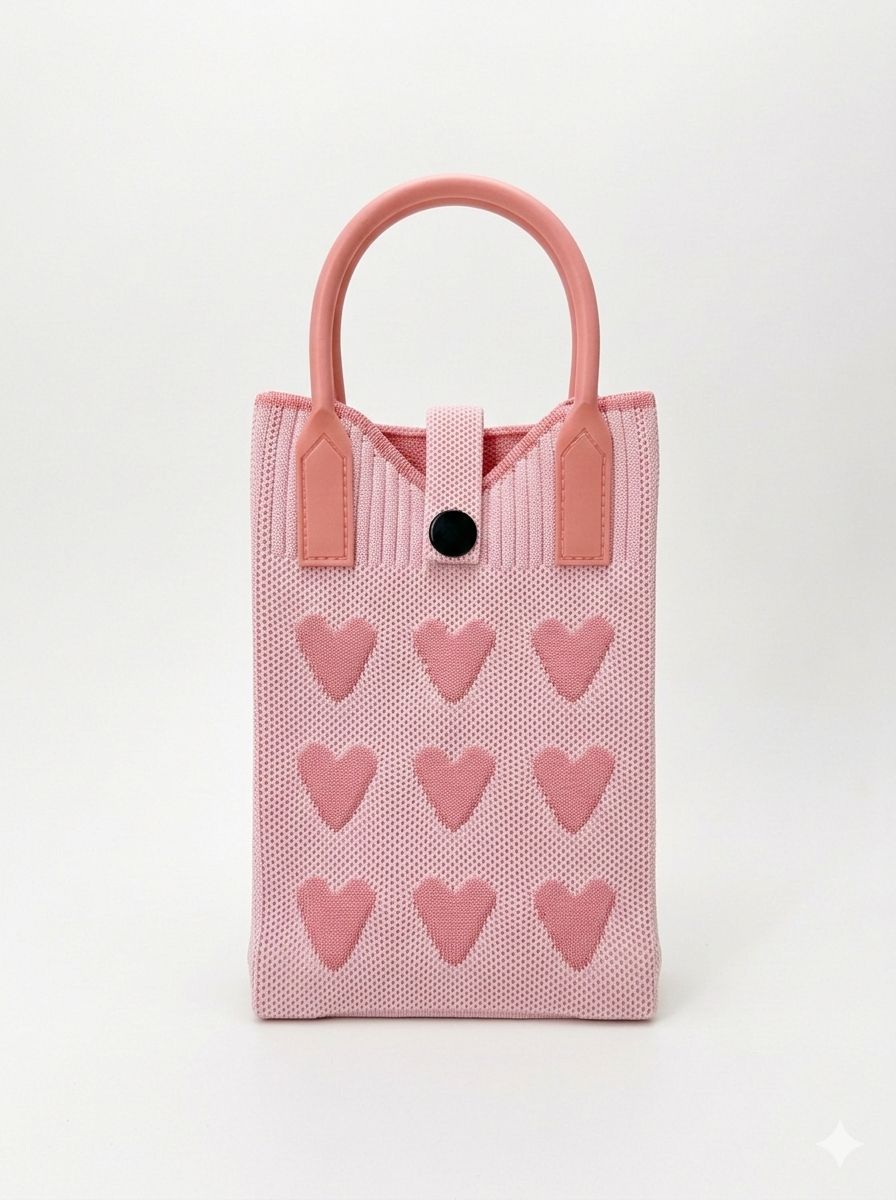 Trendy Crossbody Mobile Sling Bag with Strap & Silicone Handle | Pink Hearts
